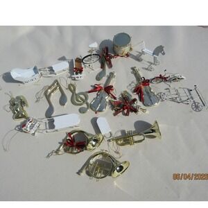 Vintage Christmas Ornament Lot Gold Musical Instruments White Metal Sleigh Sled